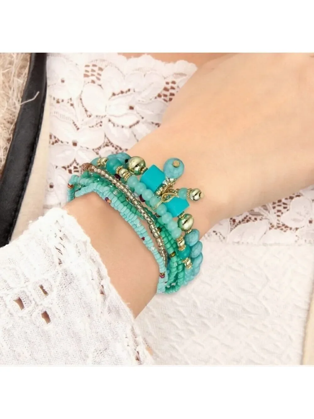 Stackable Bead Bracelets Ladies Stretch Multilayer Bracelet Set Turquois…